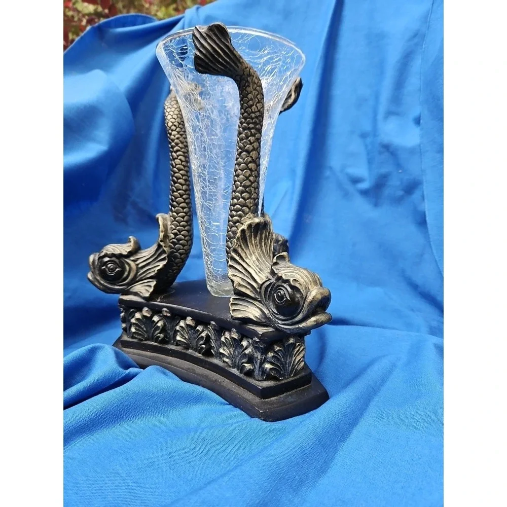 Vintage Japanese Dolphin Koi Fish Vase Centerpiece‎ Neoclassical Crackle 12